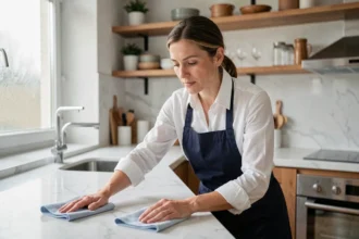 Femme de ménage professionnelle essuyant le plan de travail d'une cuisine moderne avec soin et précision