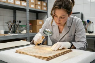 Conservatrice examinant un manuscrit ancien avec des gants blancs dans un laboratoire de conservation muséale