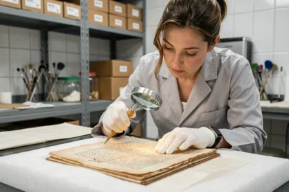 Conservatrice examinant un manuscrit ancien avec des gants blancs dans un laboratoire de conservation muséale