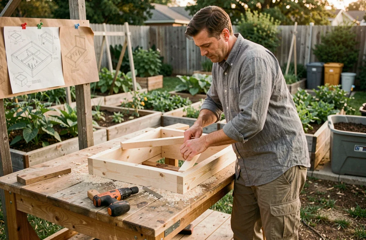 Homme construisant un carré potager en bois pour la permaculture dans son jardin avec plans et outils de jardinage