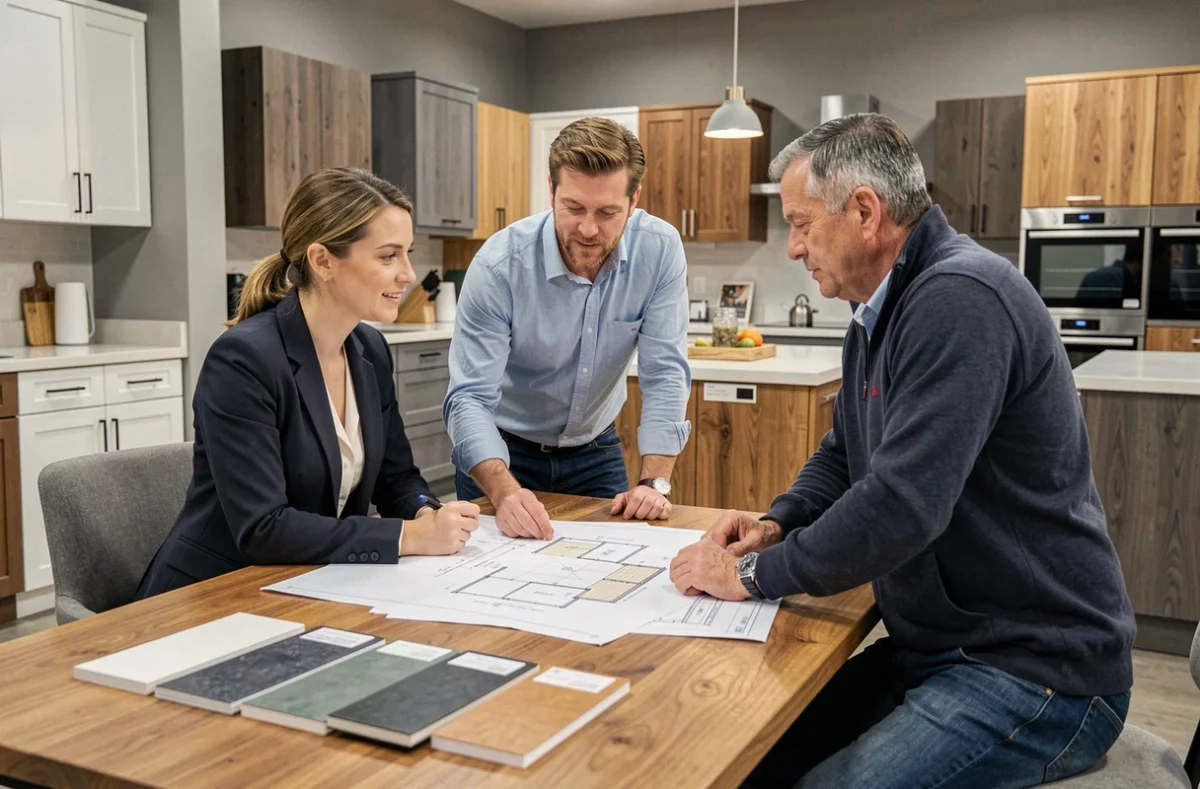 Designer d'intérieur présentant des plans et échantillons de rénovation de cuisine à un couple