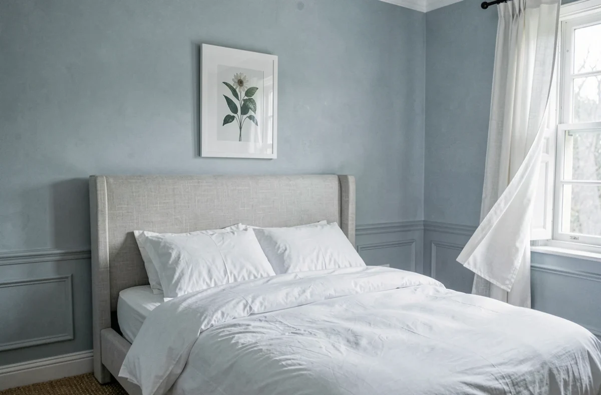 Chambre apaisante avec mur bleu-gris tendance 2026, tête de lit en lin et literie blanche dans une maison rénovée