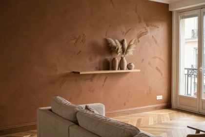 Mur tendance 2026 en terracotta mat dans un salon parisien moderne avec étagère en bois et vases en céramique