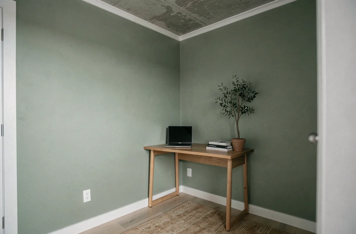 Bureau à domicile avec mur vert sauge tendance 2026 dans un intérieur scandinave épuré