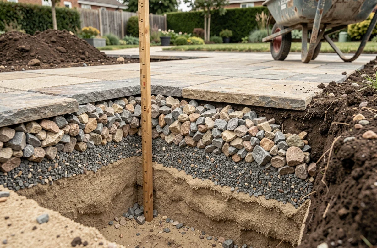 Coupe transversale d'une couche de gravier drainant sous une allée de jardin avec indication de profondeur