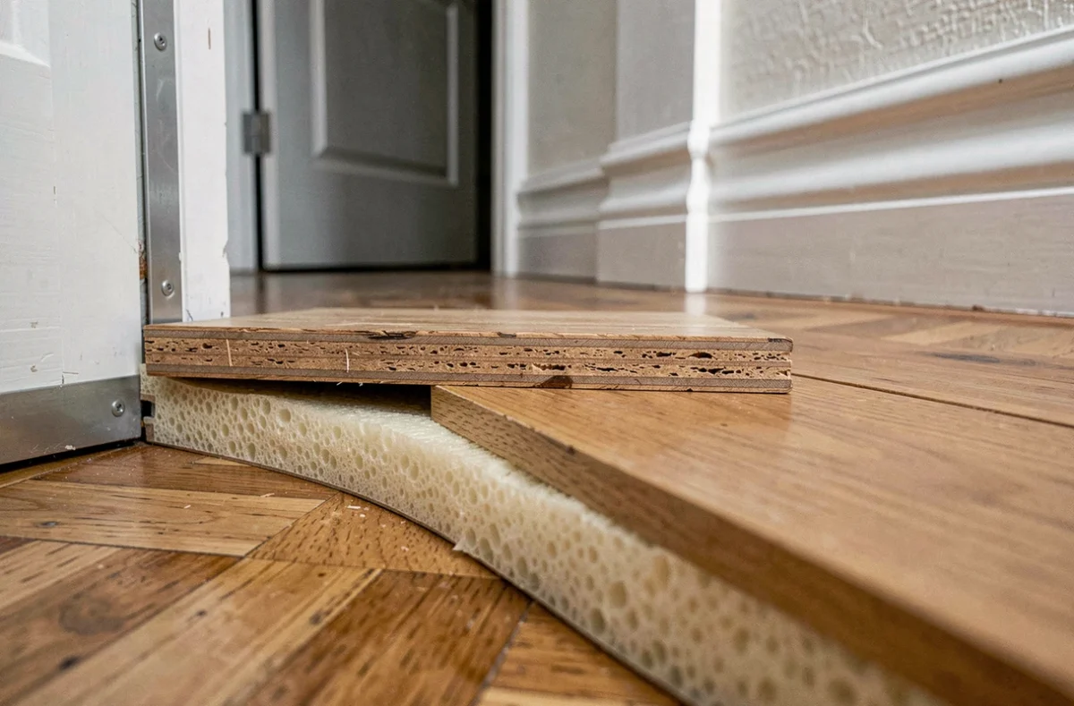 Coupe transversale détaillée d'une superposition de parquet avec sous-couche mousse entre l'ancien et le nouveau sol