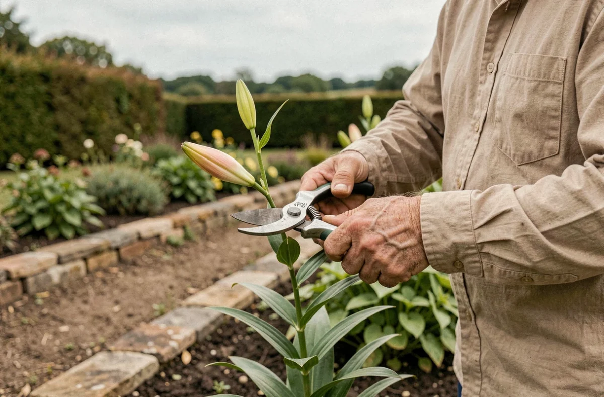 Jardinier coupant les tiges de lys fanés avec un sécateur pour stimuler la floraison