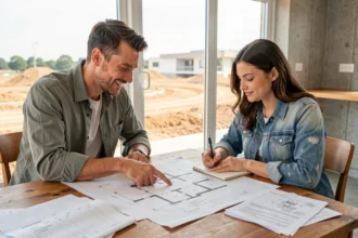 Couple étudiant les plans et le budget pour construire une maison de 100m2 autour d'une table