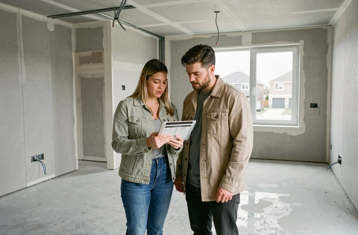 Couple consultant un devis de construction neuve sur tablette dans une maison en cours de construction