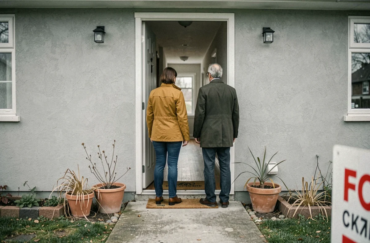 Couple se retournant sur le seuil de leur ancienne maison vide avant de partir définitivement, moment émouvant de déménagement