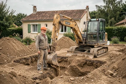 Ouvrier supervisant les travaux de creusement d'une piscine dans un jardin résidentiel avec une excavatrice