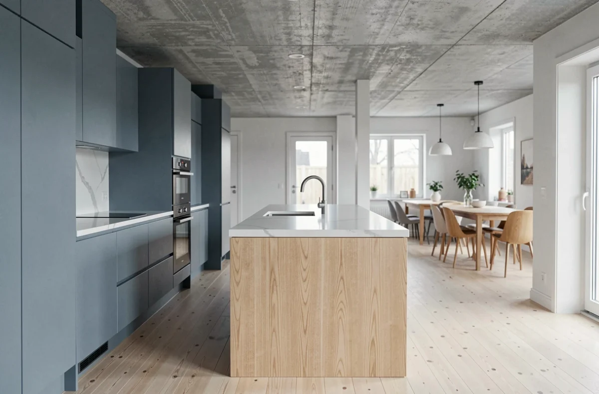 Cuisine scandinave minimaliste aux tons bleu-gris et bois de chêne clair, couleurs tendance 2026