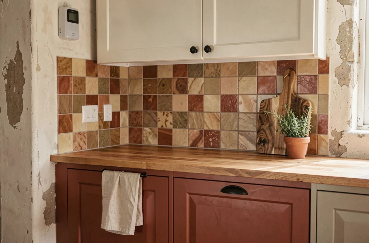 Cuisine rustique aux couleurs terracotta et ocre avec carrelage zellige, tendance 2026