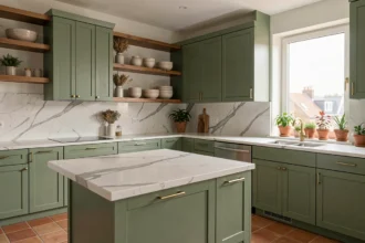 Cuisine moderne aux armoires vert sauge et plan de travail en marbre blanc, tendance couleur 2026