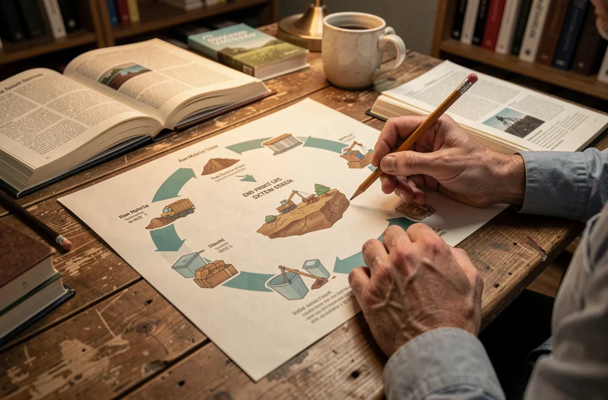 Chercheur analysant le cycle de vie d'un objet et ses impacts environnementaux sur un bureau académique