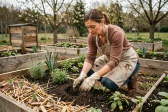 Femme jardinant dans un potager en permaculture au printemps, enfonçant des plants dans un sol riche en compost et paillis