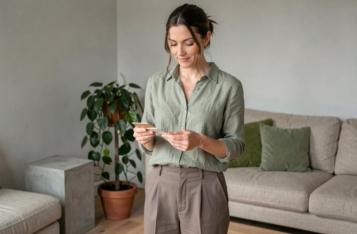 Femme dans un salon scandinave avec des accents de verts neutres, vert sauge et olive en décoration intérieure