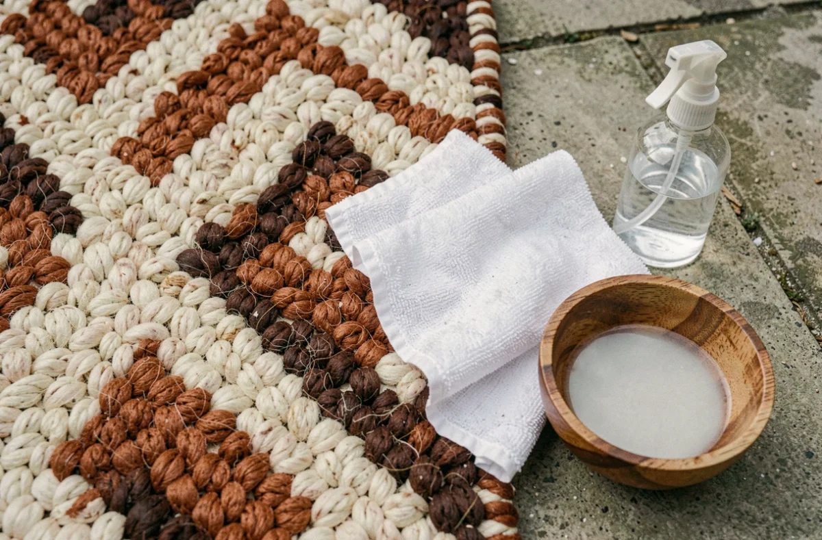 Gros plan sur les fibres d'un tapis de style berbère en cours de nettoyage avec un chiffon microfibre humide