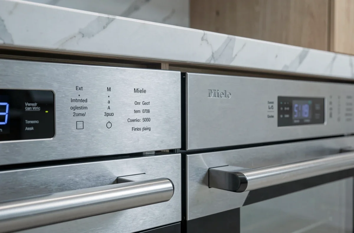 Détail des panneaux de commande de deux électroménagers haut de gamme Miele et sous-marque côte à côte