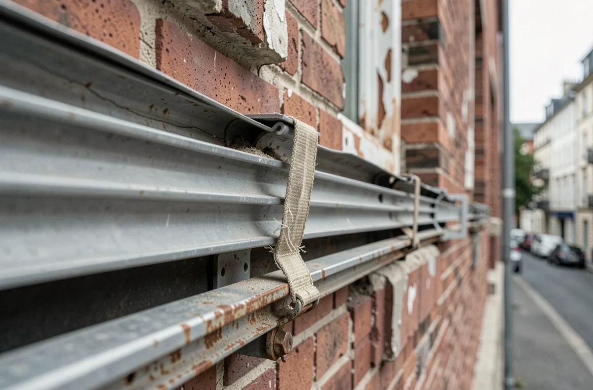 Détail d'un volet roulant endommagé avec lames tordues et rail de guidage corrodé