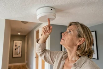 Femme vérifiant le bon fonctionnement d'un détecteur de fumée correctement placé au plafond d'un couloir résidentiel