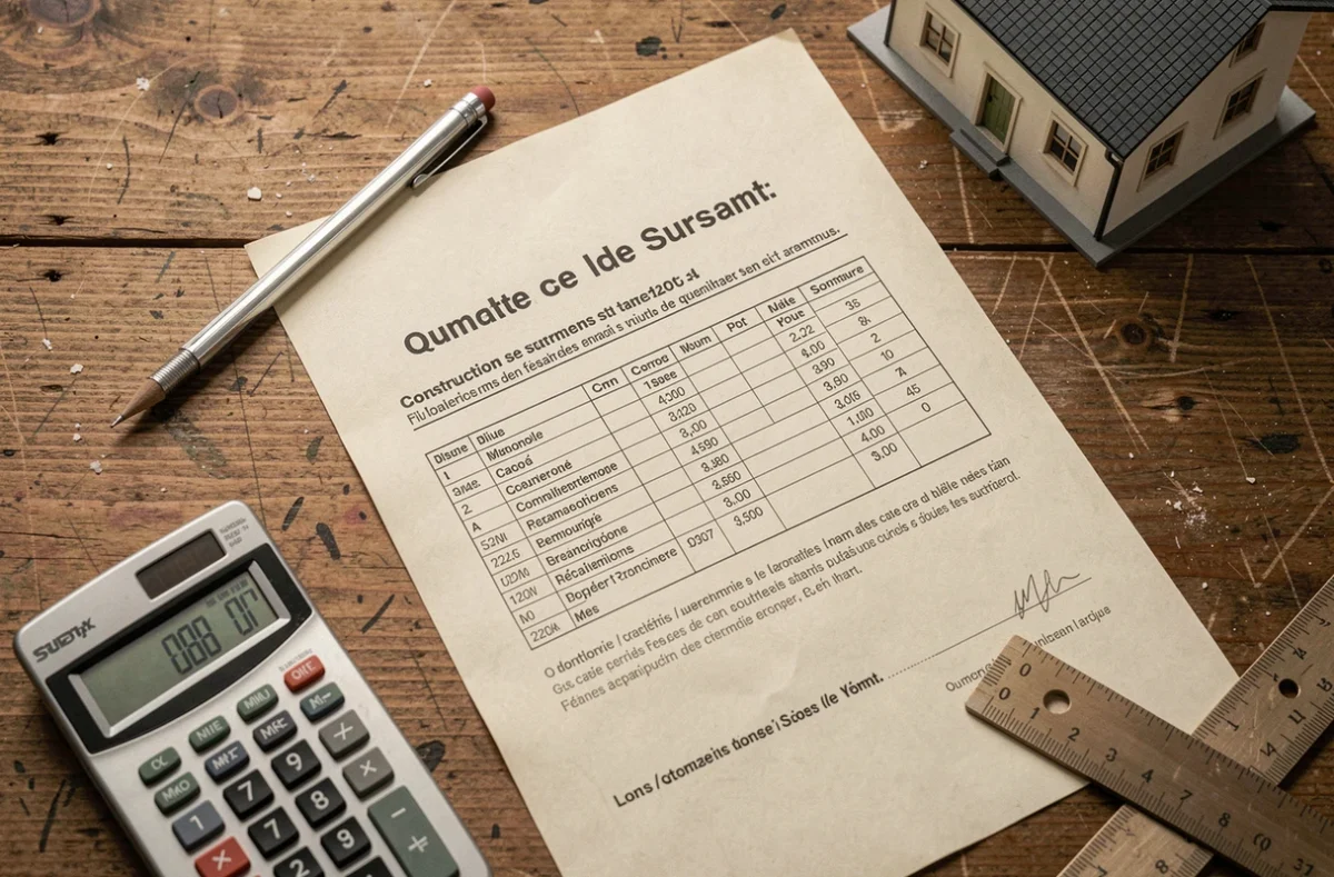 Devis de construction neuve posé sur un bureau avec calculatrice et règle d'architecte