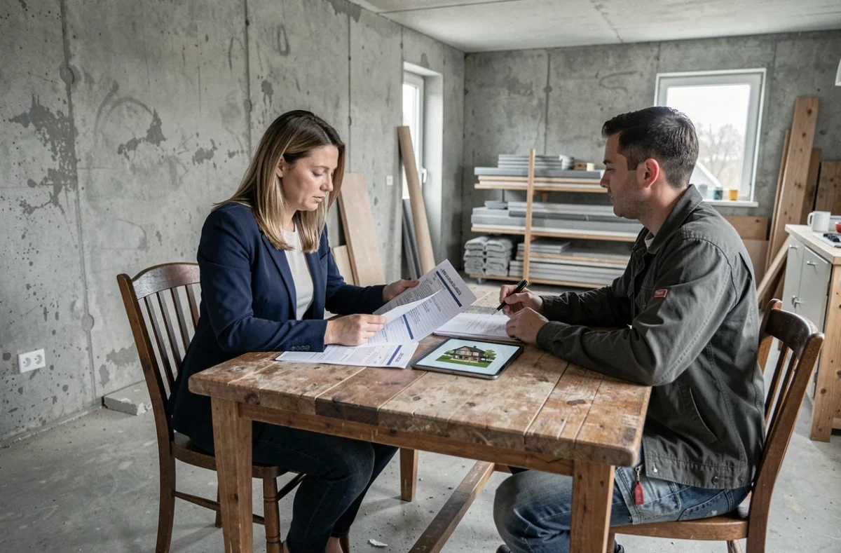 Propriétaire et entrepreneur examinant un devis pour une extension de maison dans un intérieur en cours de rénovation