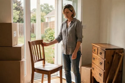 Femme déposant des meubles devant sa maison pour les donner gratuitement