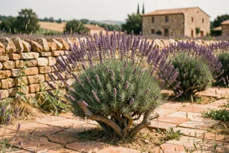 Plant de lavande mature aux tiges ligneuses dans un jardin provençal avec murets en pierre sèche illustrant la longévité de la lavande