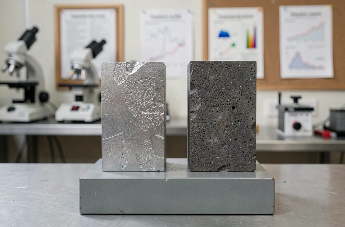 Échantillons de fonte d'aluminium et de fonte grise comparés sur un présentoir de laboratoire industriel