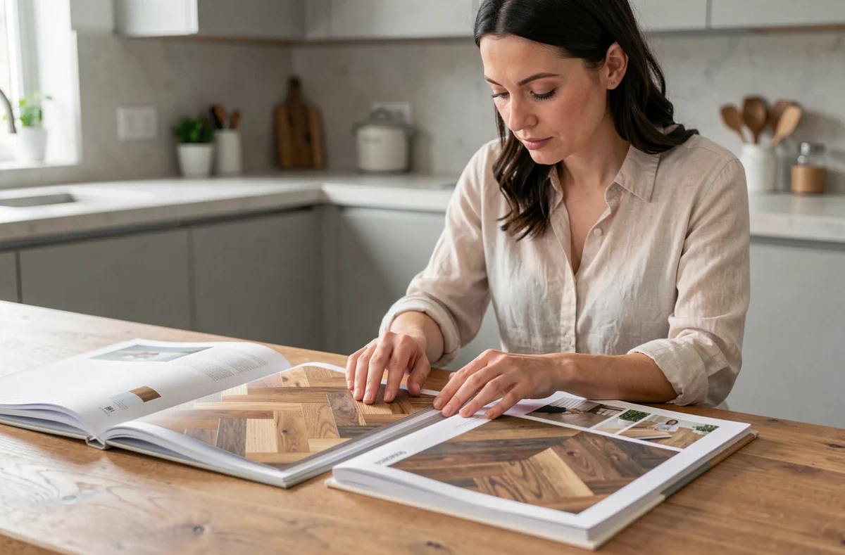 Femme comparant des échantillons de parquet massif et de sol stratifié dans une cuisine moderne