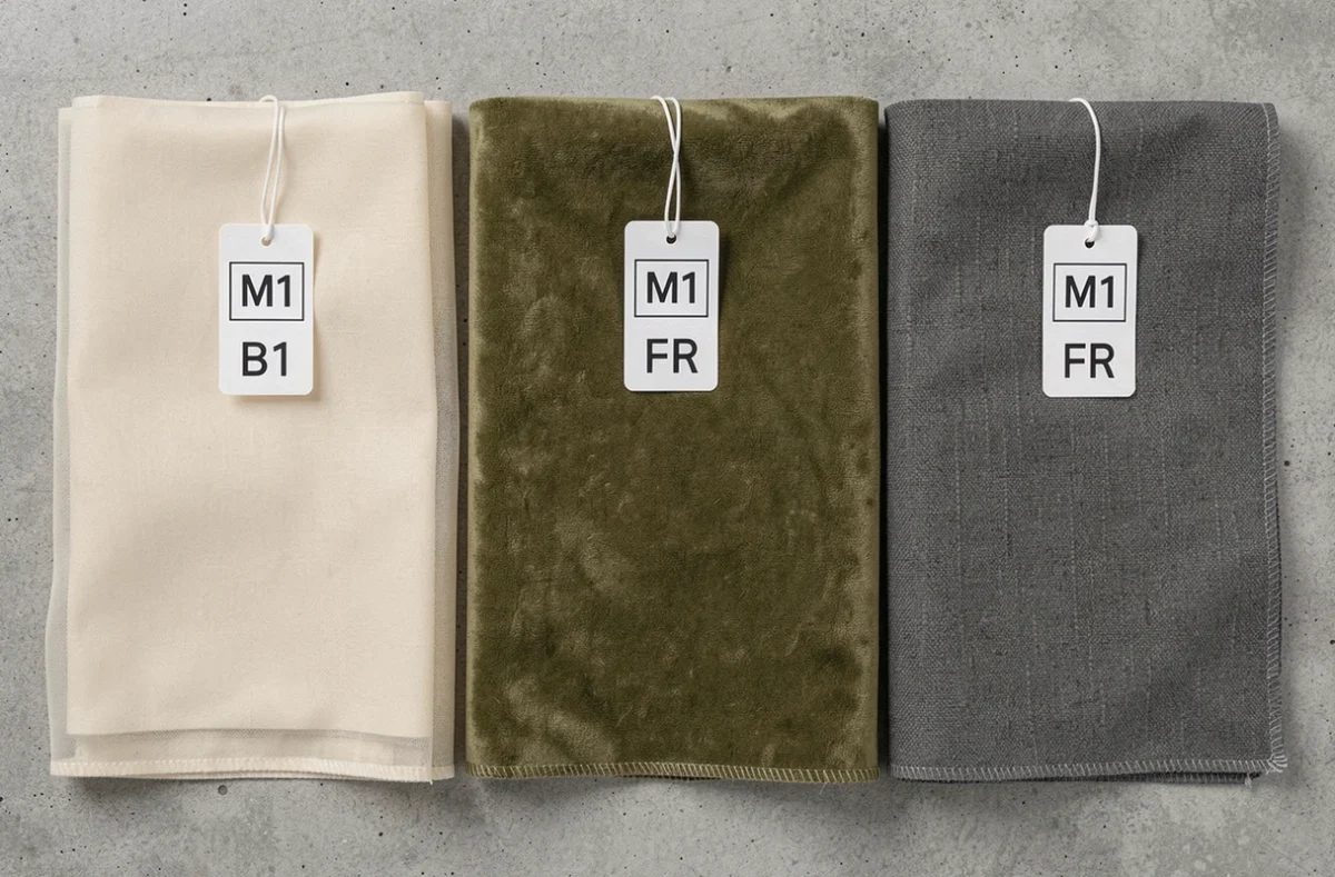 Trois échantillons de rideaux avec étiquettes de classification ignifuge M1 et B1 sur fond béton