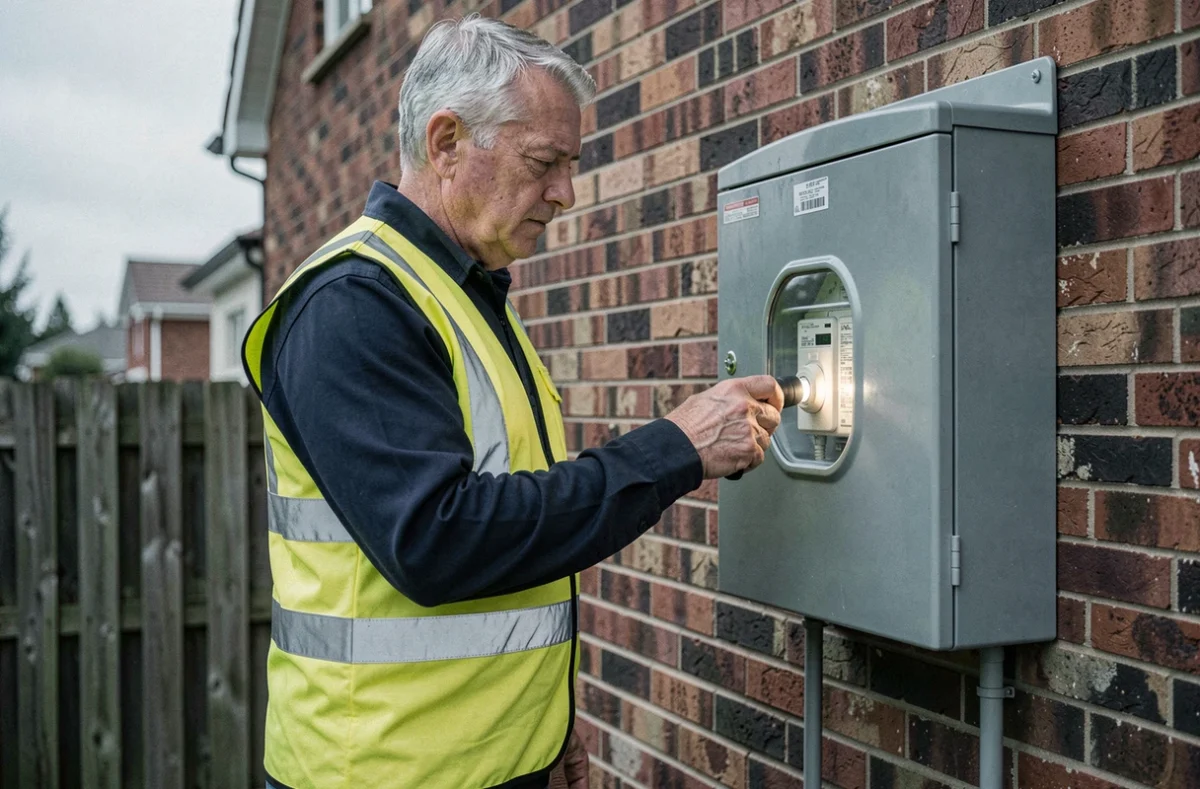 Électricien professionnel inspectant un compteur électrique extérieur sur un mur en brique