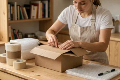 Femme emballant soigneusement un carton avec du ruban adhésif et du papier bulle sur une table en bois