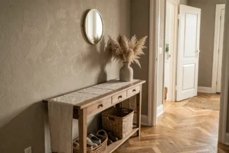 Entrée de maison décorée avec une console en bois, un miroir en laiton et un vase en céramique avec herbe de pampa