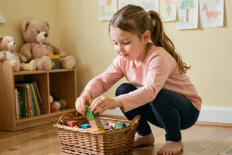 Jeune fille rangeant ses jouets dans un panier en osier dans sa chambre décorée
