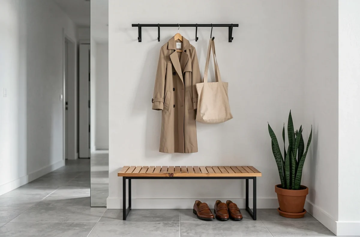 Entrée d'appartement moderne avec porte-manteau en métal noir, banc en bois et plante verte en pot