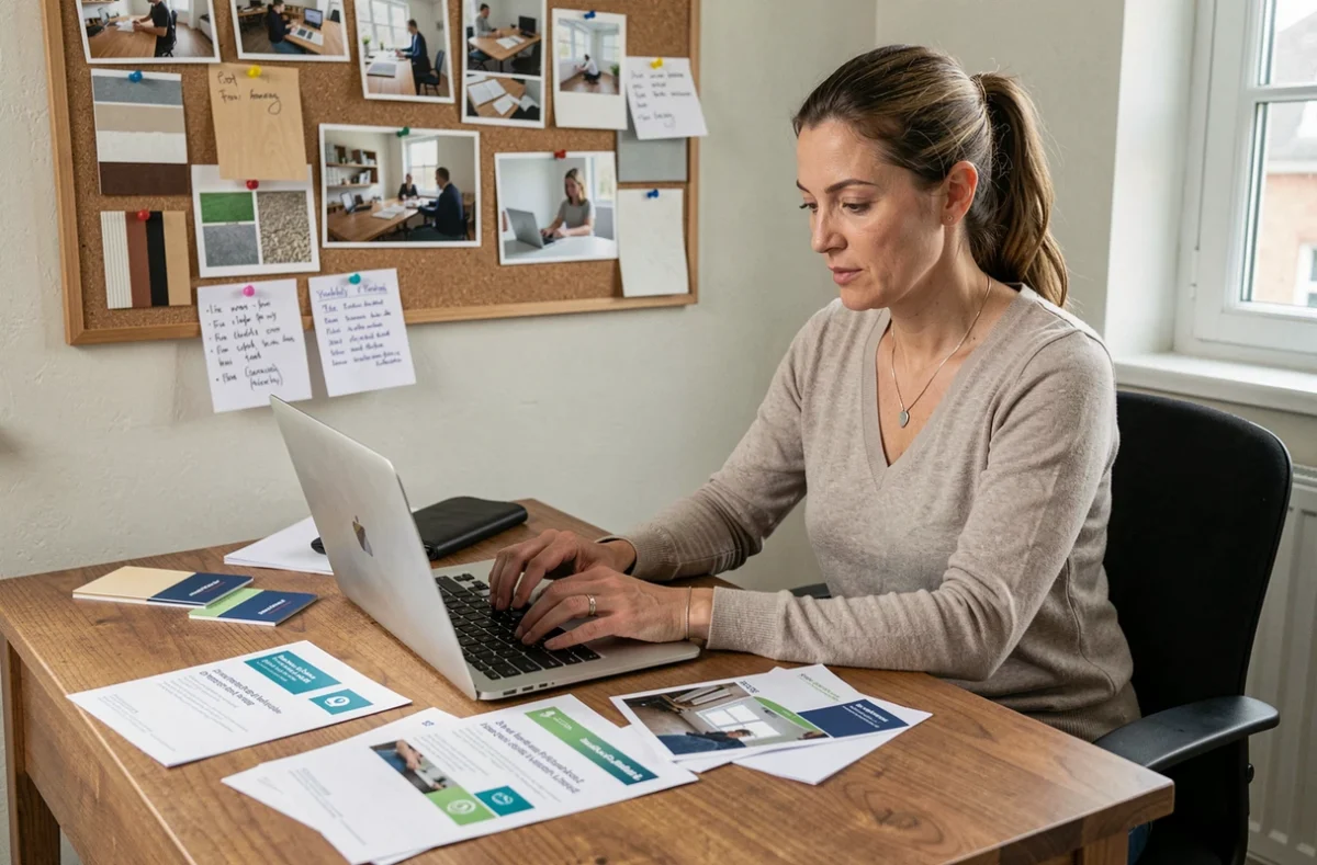 Entrepreneuse en rénovation travaillant sur sa stratégie de communication marketing dans son bureau