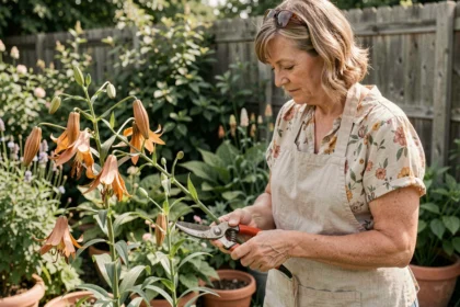 Femme qui coupe les tiges de lys orientaux fanés dans un jardin après la floraison