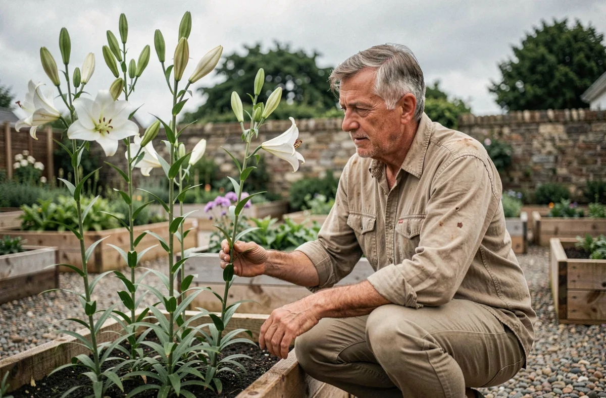 Homme inspectant des plants de lys en croissance dans un potager surélevé