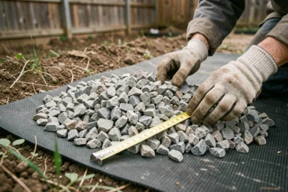 Épaisseur de gravier sur géotextile mesurée avec un mètre ruban lors de l'aménagement d'une allée de jardin