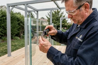 Artisan mesurant l'épaisseur d'une plaque de polycarbonate pour pergola avec un pied à coulisse numérique