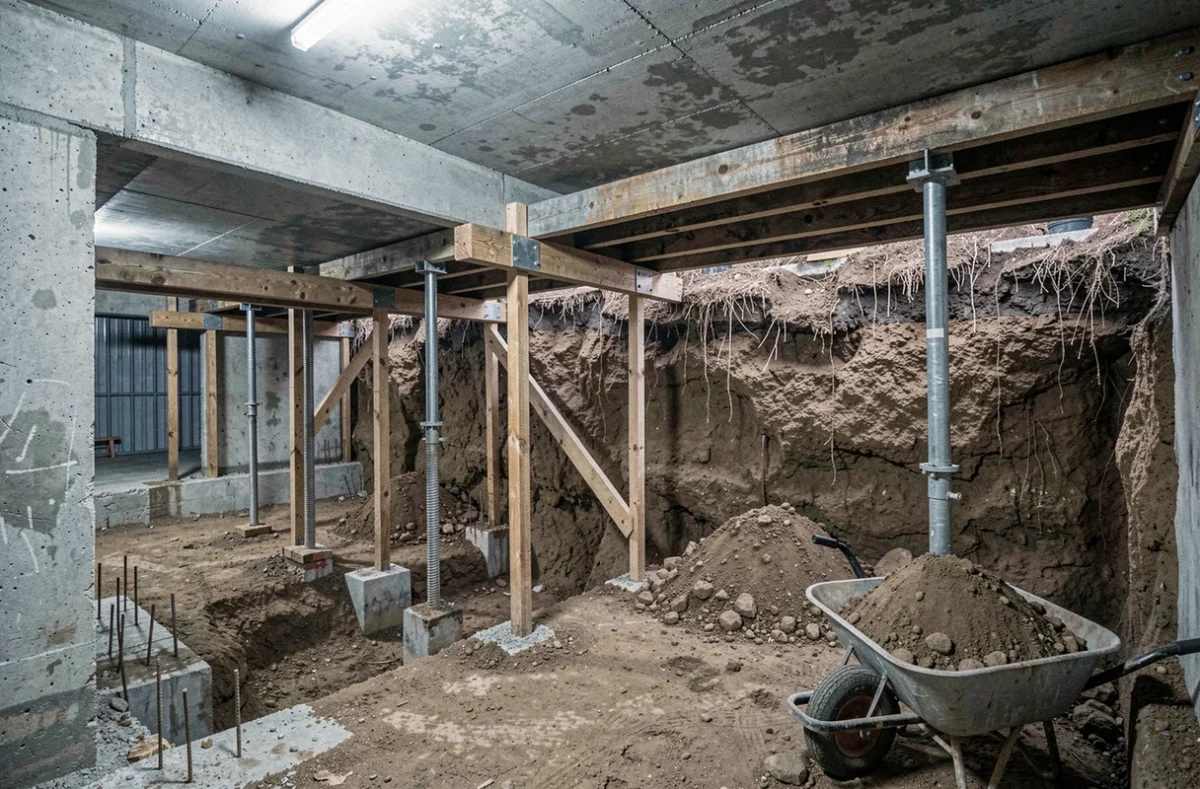Vue intérieure d'un sous-sol en cours d'excavation montrant la différence de hauteur entre section partielle et complète