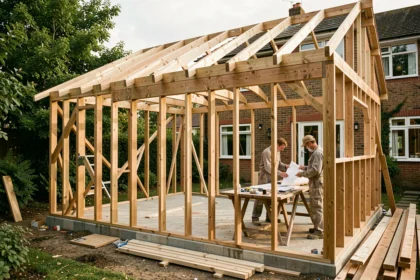 Extension de maison en ossature bois en cours de construction dans un jardin résidentiel