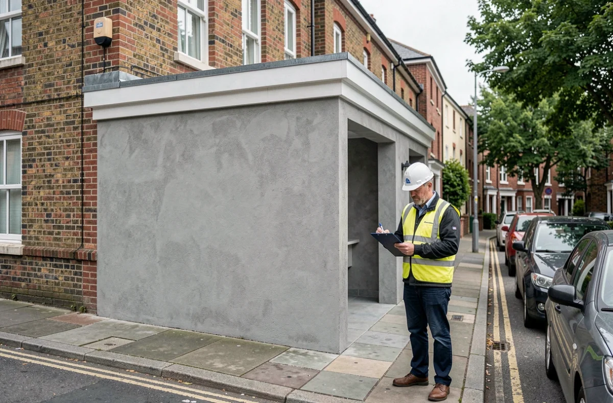 Extension latérale à toit plat en béton sur une maison de ville avec architecte inspectant les travaux