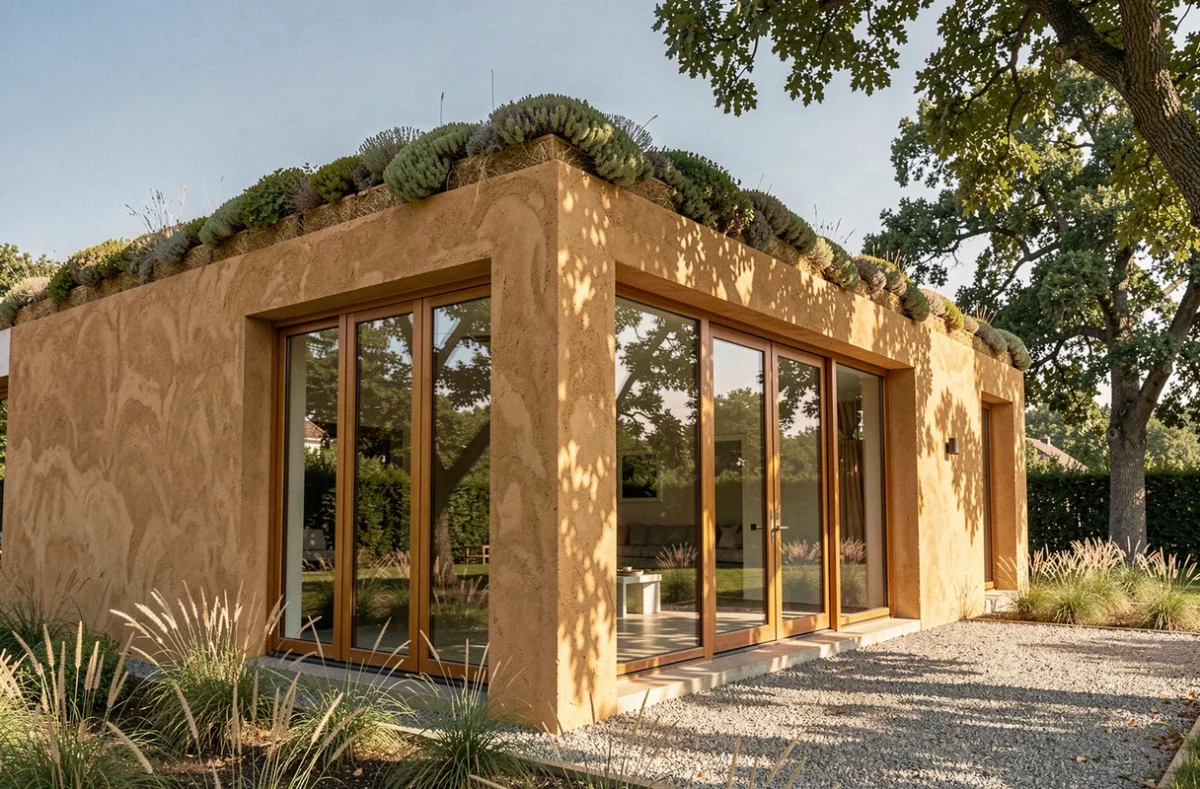 Façade d'une maison bioclimatique en bottes de paille et enduit chaux avec fenêtres triple vitrage et toiture végétalisée