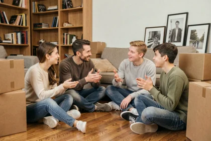Famille assise sur le sol entourée de cartons de déménagement, discutant ensemble du prochain déménagement dans une ambiance chaleureuse