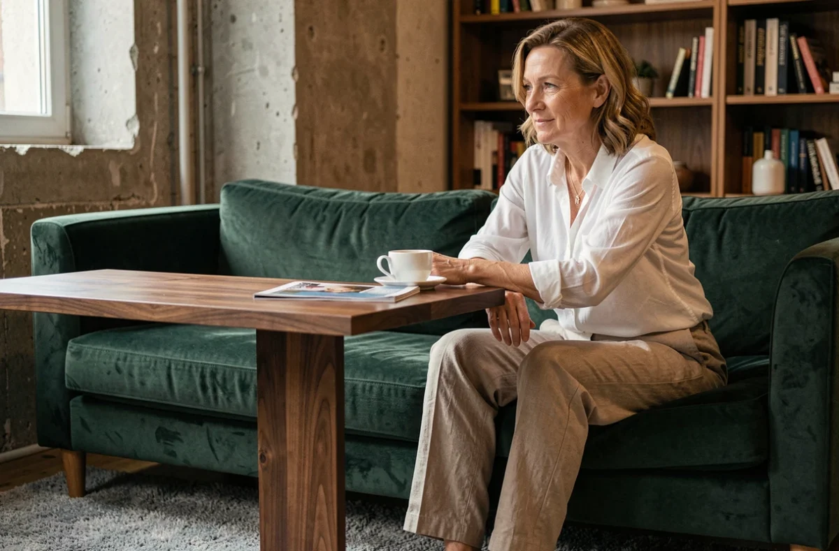 Femme assise sur un canapé vert utilisant une table basse haute en noyer dans un appartement urbain cosy