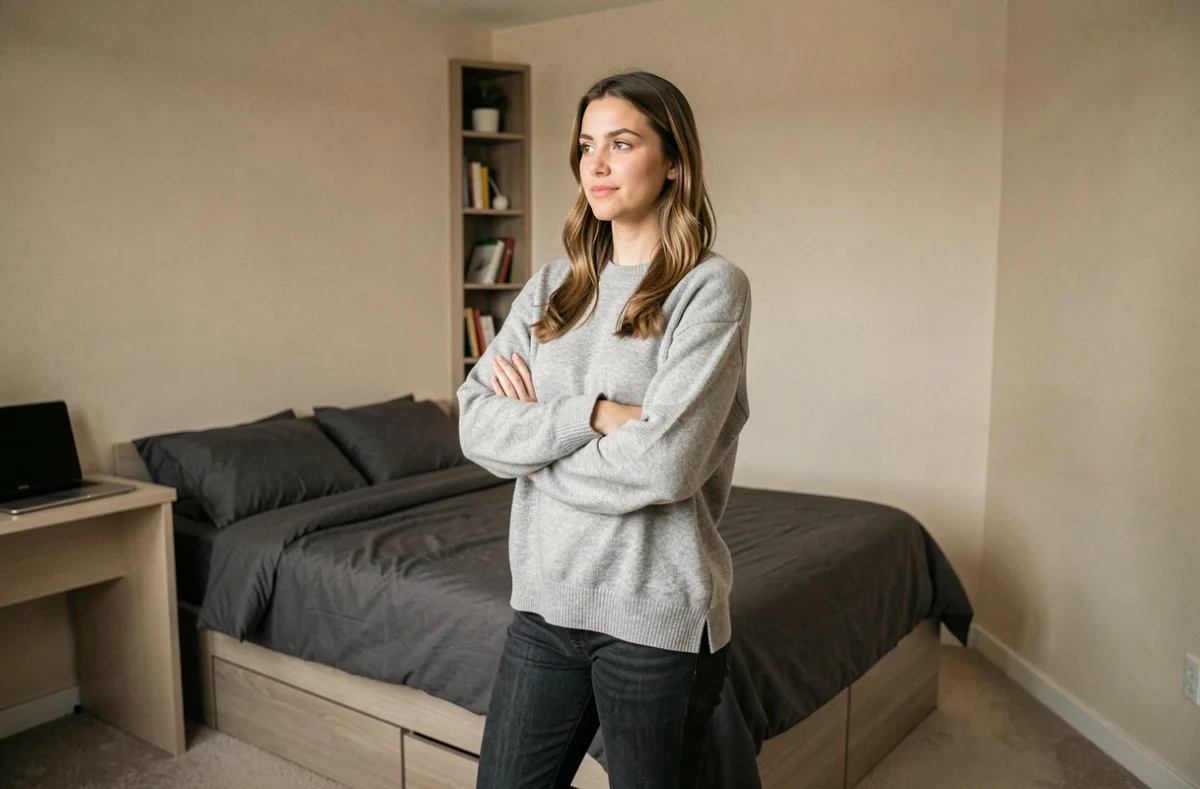Femme évaluant l'espace d'une petite chambre de 12x12 avec bureau compact et étagère