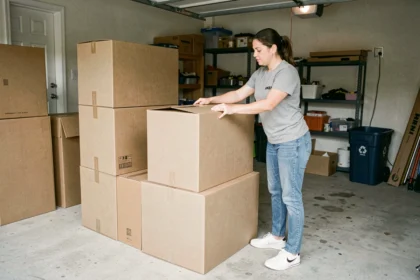 Femme qui aplatit et empile des cartons IKEA dans un garage pour les recycler